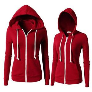 <b>Women's</b> <b>Red</b> Hooded Zip-Up Sweatshirt Full Sleeve Solid Color Casual <b>Hoodie</b> Breathable Knitted Fabric Autumn Wear - Product Image 6