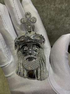 Colgante de Plata 925 con Moissanita Redonda, Diseño de Cabeza de Cristo, Corona de Espinas, Cruz, Estilo Iced Out, Amuleto Religioso - Product Image 3