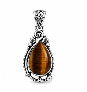 Pendentif en argent œil de tigre naturel, collier en argent sterling, bijoux en pierre précieuse marron, pendentif bohème pour homme et femme - Product Image 1
