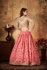 Pink Floral A-Line Floor-Length <b>Lehenga</b> Choli Zari Embroidery Bridesmaid Wear Embroidered Blouse and Pleated Skirt with Dupatta - Product Image 3