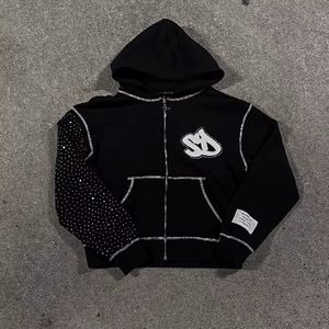 <b>Black</b> Men's Hooded Zipper <b>Sweatshirt</b> Oversized Glitter Logo Rhinestone Sleeve Streetwear Autumn French Terry Knitted Hoodie - Product Image 6