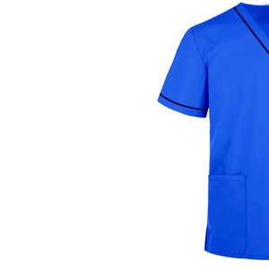 Blouse de travail bleu roi tissée à col en V et manches courtes avec bordure contrastante, uniforme d'infirmière pour hôpital et salon de beauté - Product Image 4