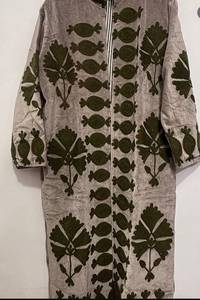 <b>Women</b> Hand Embroidered Suzani Velvet <b>Coat</b> Grey Floral Fish Motif Mid Long Duster Jacket Open Front Kimono Robe Boho Winter - Product Image 3