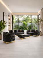 Ensemble de canapés Chesterfield noirs de luxe avec garniture dorée et design capitonné pour salon, hall, villa, bureau, hall d'entrée, style contemporain