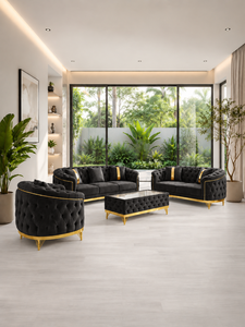 Luxury Black Chesterfield <b>Sofa</b> Set with Gold Trim Tufted Design for Living Room Hall Villa Office Lobby Contemporary Style - Product Image 2