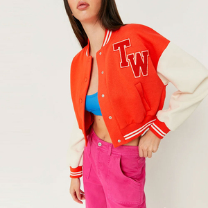 Custom Leather Sleeve Women <b>Crop</b> Varsity <b>Jacket</b> Embroidery Logo High Street Style Women <b>Crop</b> Varsity <b>Jacket</b> OEM Serviced - Product Image 6