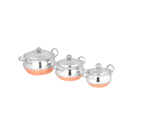 Stainless Steel Indian Serving Hand Copper Biottom Indian Dishes Serve Ware Kadai With Copper Bottom Wok <b>Cookware</b> Set of 3 Pcs - Product Image 1