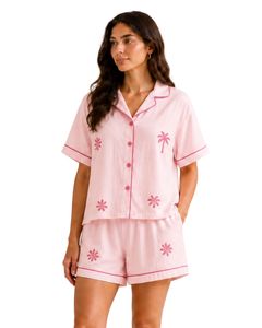 Ensemble de pyjama pour femme rose clair personnalisé, manches courtes, boutonné, imprimé floral, doux, respirant, vêtements de nuit d'été, ensemble de détente - Product Image 1