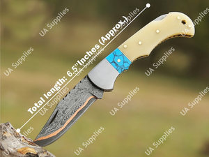 Cuchillo Plegable Profesional de Acero Damasco Sanmai con Cobre, 58 HRC, Afilado como una Navaja, Mango de Hueso de Camello y Turquesa, Cuchillo de Bolsillo EDC para Camping - Product Image 5