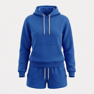 <b>Women's</b> Blue Fleece Hooded Sweatshirt and Shorts <b>Set</b> Casual Loose Fit Solid Color Two Piece Outfit Above Knee Length - Product Image 1