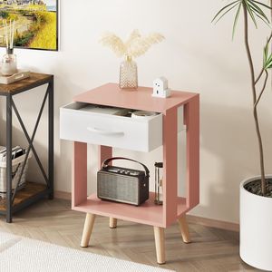 Set of 2 Open Wood Shelf Nightstands with Fabric <b>Storage</b> Drawer Pink Bedroom Side Tables with <b>Storage</b> <b>Bedside</b> Tables - Product Image 4