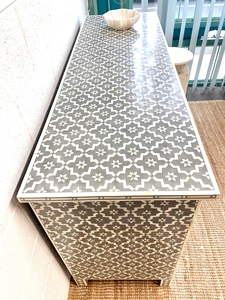 Mediterranean Style Wooden <b>Storage</b> <b>Cabinet</b> with Geometric Inlay Pattern and Multiple Drawers for Living Room Furniture - Product Image 4