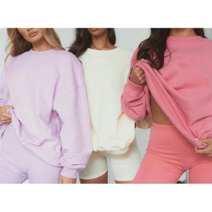 Custom Womens Winter Solid Twin Set Oversized Long Sleeve Sweatshirt <b>Shorts</b> Embroidered <b>Patches</b> Logo Optional - Product Image 2