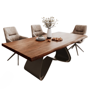 Mesa de Comedor de Madera de Acacia Sólida con Acabado Natural, Base Metálica en Forma de W, Estilo Industrial Moderno, para Cocina o Restaurante - Product Image 1