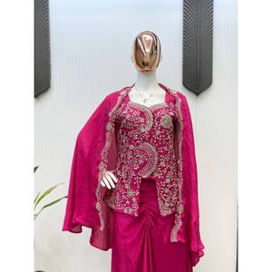 ชุดออกงานผ้าซาตินสไตล์อินโดเวสเทิร์นแบบสามชิ้นสำหรับนักออกแบบ - Product Image 3