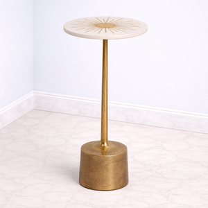 Designer Cast Aluminum <b>Bar</b> <b>Table</b> Sunburst Pattern Top Textured Drum Base Sleek Stem Support Durable Finish Luxury Modern Accent - Product Image 1