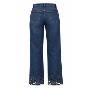 Jeans de Mezclilla para Mujer, Cintura Alta, Corte Recto, con Adornos Florales en el Dobladillo, Color Índigo - Product Image 2