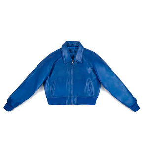 Chaqueta Bomber Unisex Azul de Lana Teñida Casual Estilo Universitario con Cremallera, Puños y Dobladillo Acanalados, Prenda Exterior Premium Elegante - Product Image 1