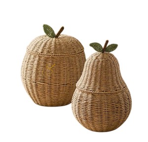 Cute Apple Shaped Seagrass Storage <b>Basket</b> <b>with</b> Stem and Leaf <b>Lid</b> Handwoven Fruit Toy Organizer Bin for Kids Nursery - Product Image 3