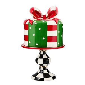Boîte cadeau de Noël, support à gâteau en céramique fait main, base à carreaux rouge, vert et blanc, présentoir décoratif pour desserts de fêtes - Product Image 1