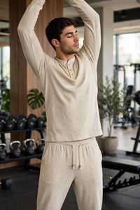 <b>Men's</b> Beige <b>Henley</b> Stand Collar Long Sleeve <b>Shirt</b> And Drawstring Pants Casual Tracksuit Set - Product Image 6