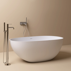 Bañera de baño independiente moderna Maydon, superficie sólida, bañera de piedra artificial blanca mate, diseño elegante para Baño - Product Image 1