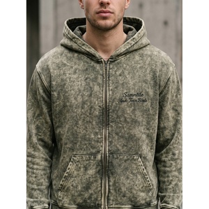 Sweat-shirt à capuche zippé vert délavé à l'acide, coupe décontractée, manches longues, en molleton, haut décontracté pour la détente - Product Image 1