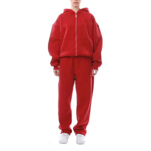 Breathable Eco-Friendly Women Red <b>Zip</b> <b>Up</b> <b>Hoodie</b> and Sweatpants Set Loose Fit Casual Wholesale Price Tracksuit - Product Image 1