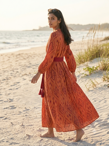 Women's Bohemian Ikat Print Maxi <b>Dress</b> <b>Long</b> <b>Sleeve</b> Keyhole Neck <b>Tunic</b> with Sash - Product Image 5