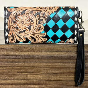 Portefeuille long vintage pour femme en cuir de vache véritable, orné de motifs floraux et à carreaux, avec dragonne et porte-monnaie, idéal pour les dames - Product Image 5