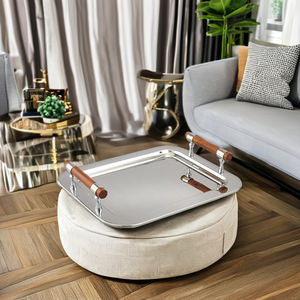 Plateau rectangulaire Elegance en acier inoxydable avec design Art déco Poignées en bois élégantes Plateau en métal durable pour les mariages - Product Image 2