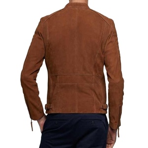 Chaqueta de Motociclista de Gamuza Marrón para Hombre, Corte Entallado, Cuello Camisero, Manga Regular, Cierre con Cinturón, para Otoño - Product Image 1