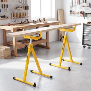 Set di 2 Supporti Pieghevoli in Metallo Resistente con Guide per Bordi, Portatili, Gialli, per Lavorazione del Legno e Banchi da Lavoro - Product Image 5