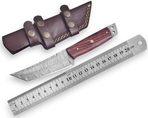 Couteau Tanto à lame fixe en acier Damas Mortal Saga de qualité industrielle OEM, manche en bois de rose, fourreau de transport Scout, lame pleine longueur, pour Bushcraft et Chasse - Product Image 1