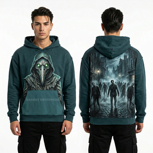 Sweat à capuche graphique Plague Doctor Zombie vert sarcelle vintage délavé à l'acide, streetwear, pull personnalisé en molleton épais - Product Image 1