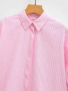 เสื้อเชิ้ตผ้าทอลายทางสีชมพู ปกพับได้ แขนสั้น ทรงหลวม สำหรับผู้หญิง สวมใส่สบายๆ ในชีวิตประจำวัน เสื้อผ้าลำลองสำหรับผู้หญิง - Product Image 3