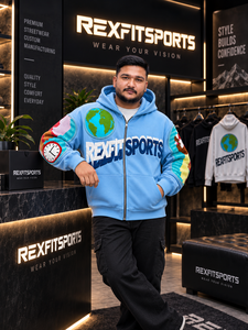 REXFITSPORTS 2026 <b>Men</b>’s Sky Blue Zip Up Streetwear Hoodie Custom Graphic Embroidery <b>Fleece</b> <b>Jacket</b> with Earth Patch Sleeve Design - Product Image 4