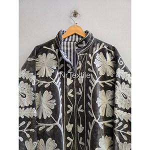 Veste en velours brodée à fleurs pour femme, col mandarin, manches longues, longueur normale, style automne à points apparents - Product Image 6