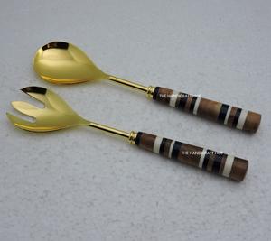 Cuillère à salade personnalisée en acier avec manche en résine de bois, outil de service de qualité supérieure, cuillère et fourchette à salade, mélangeur à salade - Product Image 1