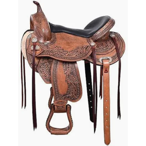 Selle de cheval western artisanale en cuir marron de qualité supérieure avec siège rembourré, pour le cowboy, le ranch, l'équitation sur sentier, équipement équestre durable avec étriers - Product Image 3