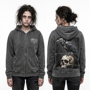 Sudadera con capucha personalizada con cremallera completa, gráfico de pájaro esqueleto gris, estilo vintage desgastado, forro polar, estampado gótico de cuervo, ropa exterior - Product Image 1