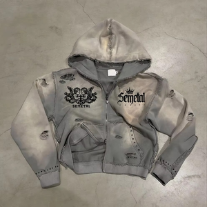 <b>Men</b> Double Zip up Hoodies Custom Graphic Rhinestone Washed Hoodies Heavyweight French Terry 100% Cotton Oversized Hoodie - Product Image 3