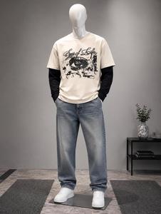 T-shirt noir à manches courtes pour homme avec imprimé graphique blanc sur le devant, col rond, coupe classique, décontracté, respirant, en jersey de coton - Product Image 2