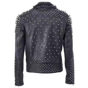 Veste de moto en cuir de style punk pour homme avec décoration en rivets, fermeture à glissière, col rabattable - Product Image 2