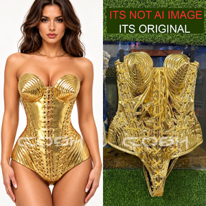 Women’s Metallic Gold Lace-Up Overbust Corset Bodysuit with Sculpted <b>Cone</b> Cups for Stage and <b>Party</b> Wear - Product Image 1