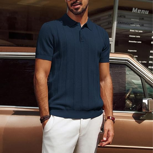 Men's <b>Navy</b> Blue Short Sleeve Knitted <b>Polo</b> <b>Shirt</b> Solid Color Breathable Casual Regular Fit Collared Design - Product Image 3