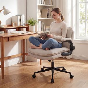 Sedia da ufficio regolabile in ecopelle con funzione dondolo e braccioli ribaltabili beige - Product Image 4