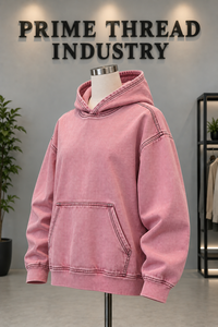 Sudadera con Capucha Extra Grande Personalizada de Mezclilla Rosa con Costuras en Contraste Negras y Bolsillo Tipo Canguro, Sudadera con Capucha Unisex OEM - Product Image 2