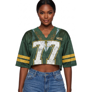 Top corto de malla verde con encaje y cuello en V para mujer, personalizable con impresión de número de marca, blusa informal con hombros caídos, estilo primavera-verano - Product Image 1