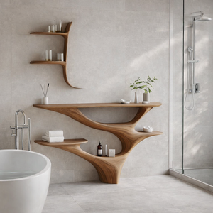 Mueble de Baño Moderno Hecho a Mano con Lavabo de Madera de Nogal con Borde Natural, Espejo y Mesa Consola, Resistente al Agua - Product Image 1